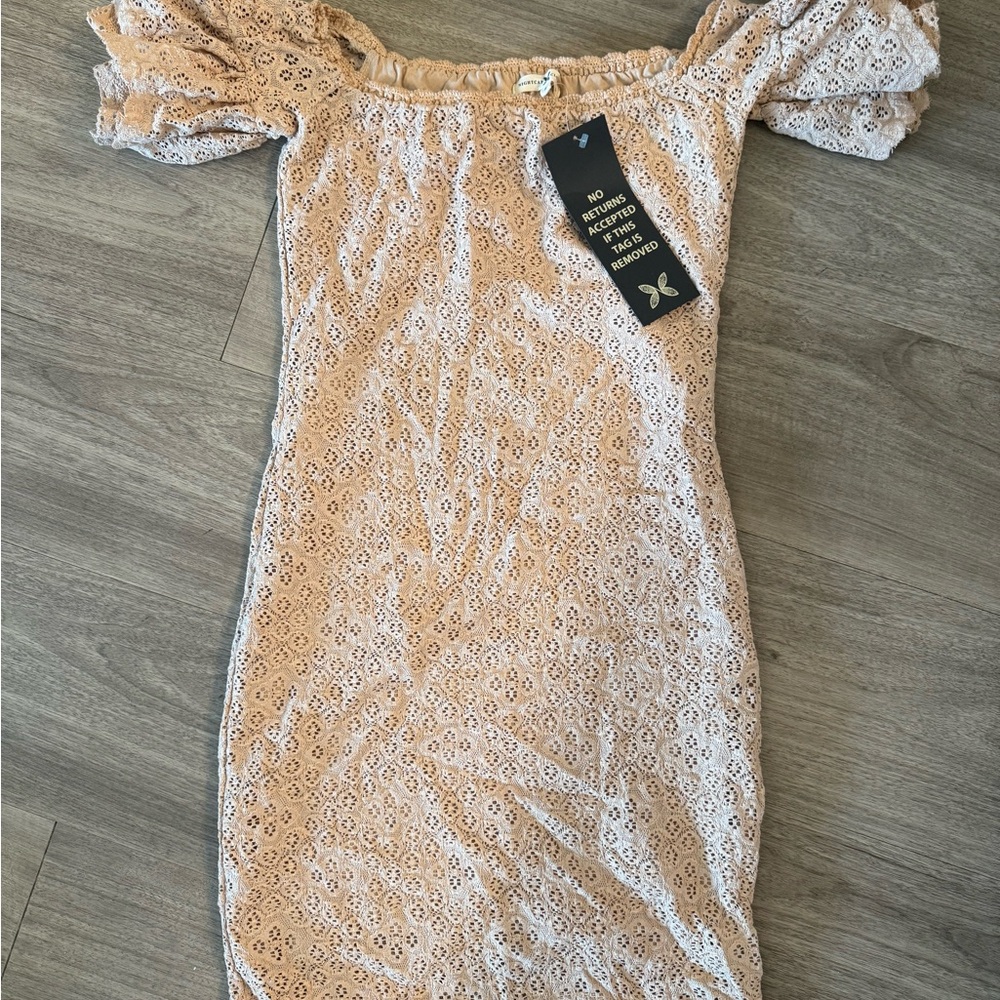 Nightcap Blush Lace Off-Shoulder Mini Dress